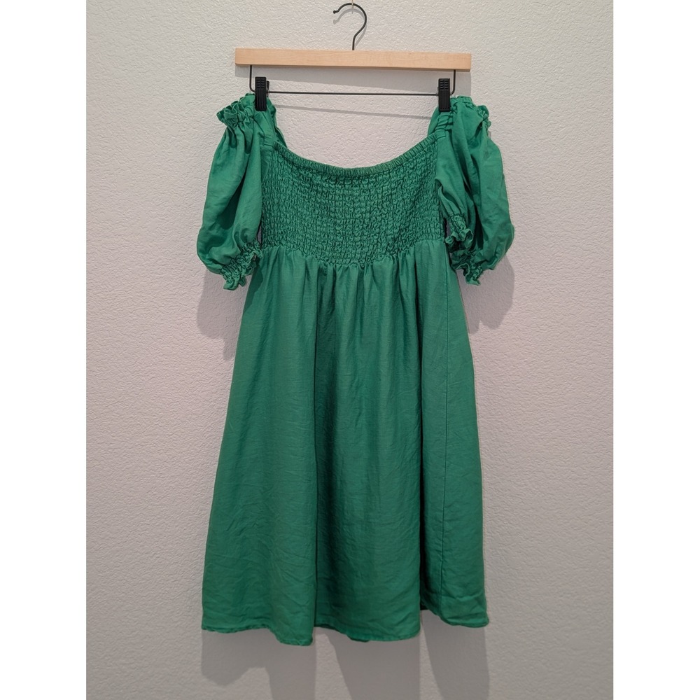 House of Harlow 1960 Green Linen Smocked Puff Sleeve Mini Dress Small